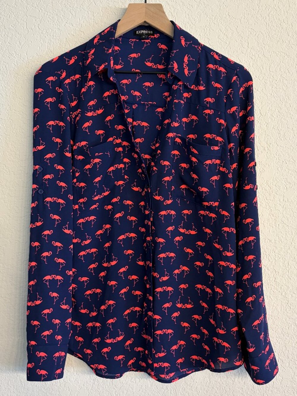 Express Portofino Shirt Size M Navy Coral Pink Flamingo Print Blouse